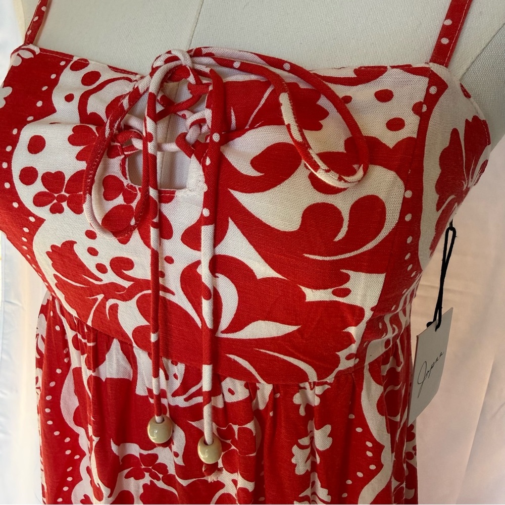 Nwt Japna Tropical Floral Maxi Dress - Small Red/White Smocked Cotton Blend - Picture 2 of 7